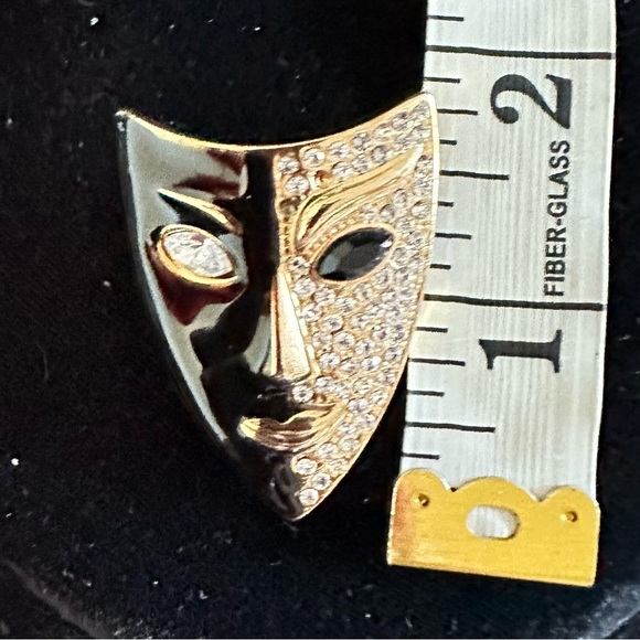 Face Mask Gold Black Mid Century Modernist Rhinestones Pin - Picture 5 of 5